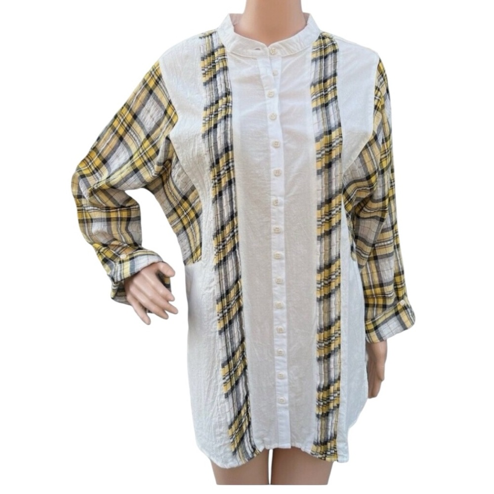 New POL Pleasantly Plaid Tunic Blouse Yellow Boho Button Down Small Cotton